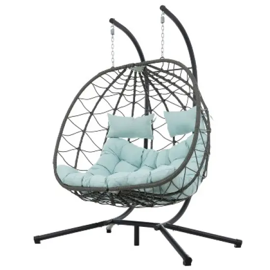 CAVINAS Swing Chair Outdoor with Stand, Patio Wicker Hanging Egg Chair, Outdoor Swing Chair Hanging Basket Chair, Light Gray image {5}