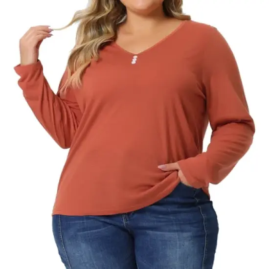 Agnes Orinda Women's Plus Size Long Sleeve V Neck Button Front Casual T-shirt image {5}