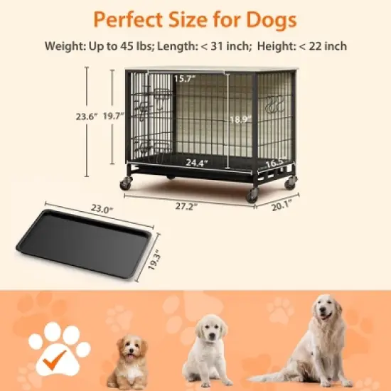 27.2" Modern Double Door Wooden Dog Kennel for Indoor Use with Removable Tray and Mobility Wheels image {2}