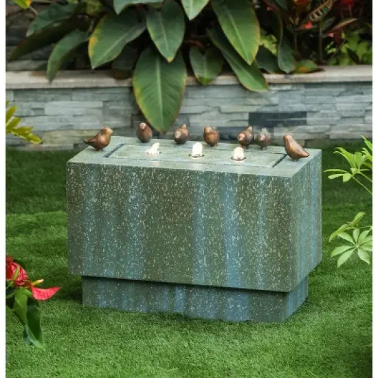LuxenHome Patina Resin Rectangular Bubbler Outdoor Fountain with LED Lights and Bronze Birds image {2}
