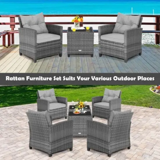 Costway 3PCS Patio Rattan Furniture Bistro Set  Cushioned Sofas Side Table Armrest Grey image {5}