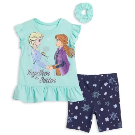 Disney Frozen Minnie Mouse Little Mermaid Elsa Princess Anna Peplum T-Shirt Shorts & Scrunchie 3 Pc Set Infant to Big Kid image {12}