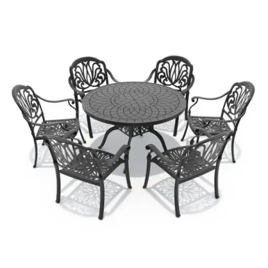 7-Piece Cast Aluminum Outdoor Dining Set with Brown Cushions, Round Table & Stackable Chairs - for Patio, Backyard image {3}