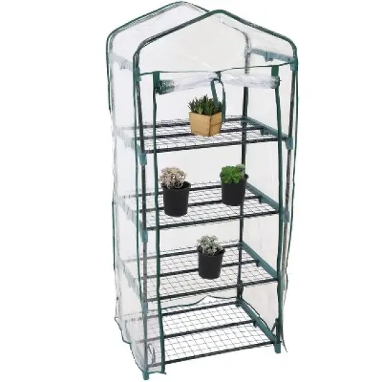 Sunnydaze Outdoor Portable Growing Rack 4-Tier Greenhouse with Roll-Up Door - 4 Shelves - Clear image {8}