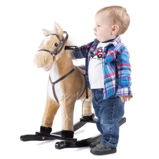Toy Time Kids Plush Ride-On Rocking Horse on Wooden Rockers with Sounds, Stirrups, Saddle, and Reins - Brown image {3}
