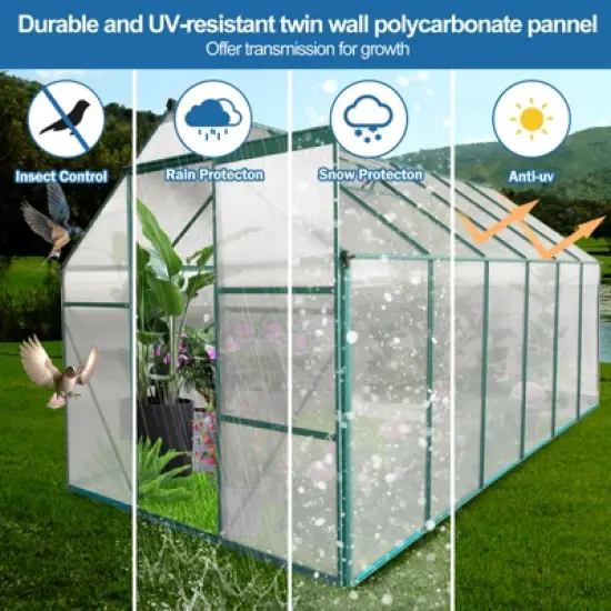 6x12FT Polycarbonate Greenhouse, Heavy Duty Aluminum Walk-in Greenhouses with Sliding Door & Raised Base, Plant Greenhouse for Outdoor Garden Backyard image {8}
