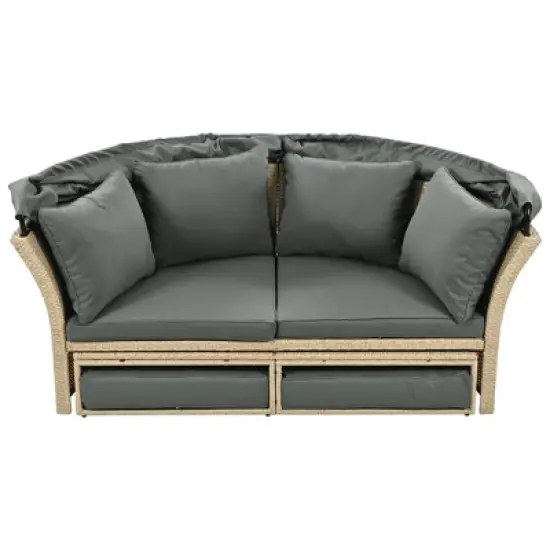FIONECA Outdoor Patio Wicker Rattan Round Double Daybed with Retractable Canopy & 4 Pillows, Grey image {8}