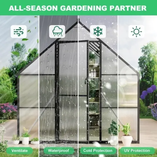 homfan Aluminum Polycarbonate Greenhouse w/ Roof Vent - Heavy Duty Quick Setup Walk-in Greenhouse for Outdoors, Black image {3}