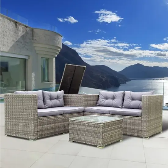 4pc Wicker Patio Conversation Seating Set with Thick Cushions - Gray - GODEER image {3}
