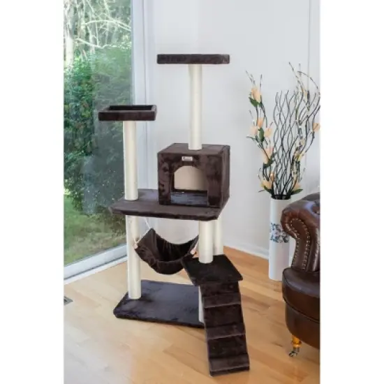 GleePet GP78570923  57-Inch Real Wood Cat Tree In Coffee Brown With Four Levels, Ramp, Hammock And Condo image {3}