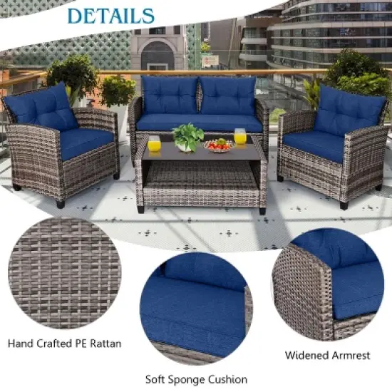 Tangkula 4PCS Rattan Furniture Set Coffee Table Cushioned Sofa Garden Lawn Patio Navy image {1}