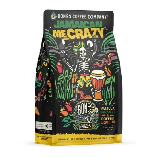 Bones Coffee Company Jamaican Me Crazy Whole Coffee Beans Vanilla Caramel and Coffee Liqueur Flavor 12 oz Medium Roast (Whole Bean) image {3}