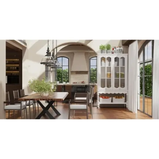 FUFU&GAGA Elegant White, Textured - Glass - Doored Pantry Cabinet with Scalloped Base & Rounded Legs for Kitchen, Dining & Living Spaces image {7}