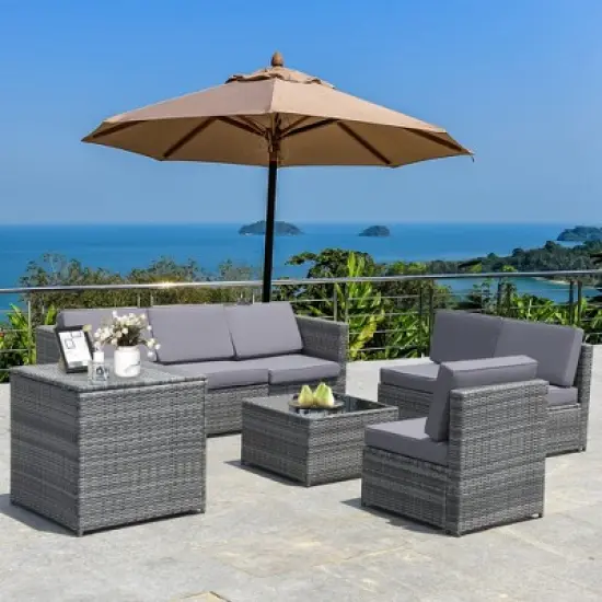 Tangkula Set of 8 Gray Rattan Wicker Sofa & Table Outdoor Cushioned Sectional Patio Furniture image {2}