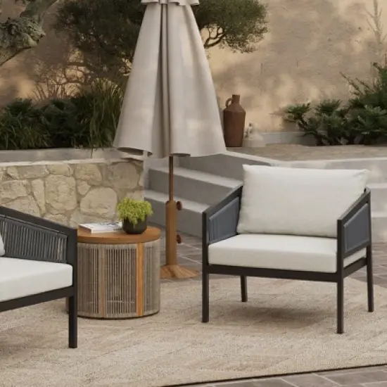 LuxenHome Outdoor Black Steel with PE Rope Armchairs with Cushions, Set of 2 image {2}