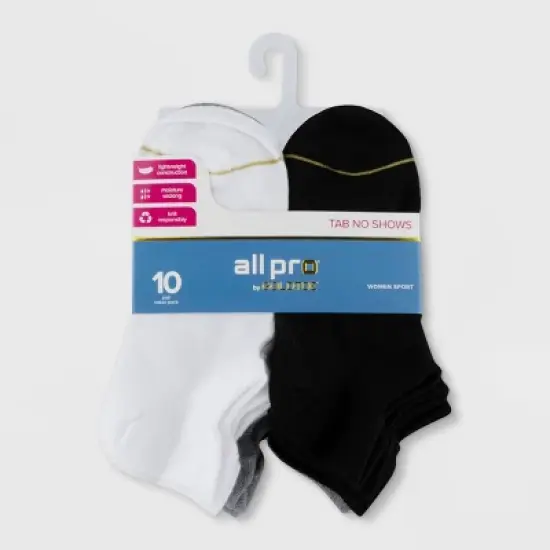 All Pro Women's Lightweight 10pk No Show Tab Socks - White/Gray/Black 5-10 image {1}