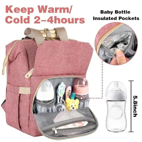 Itopfox Pink Diaper Backpack for Women with Insulated Pockets, USB Charging Port, RFID Anti-Theft Pocket, Stroller Straps, and Waterproof Fabric image {6}