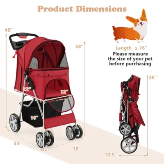 Costway 4 Wheel Pet Stroller w/ Storage Basket & Tray Adjustable Canopy Pets Burgundy image {2}