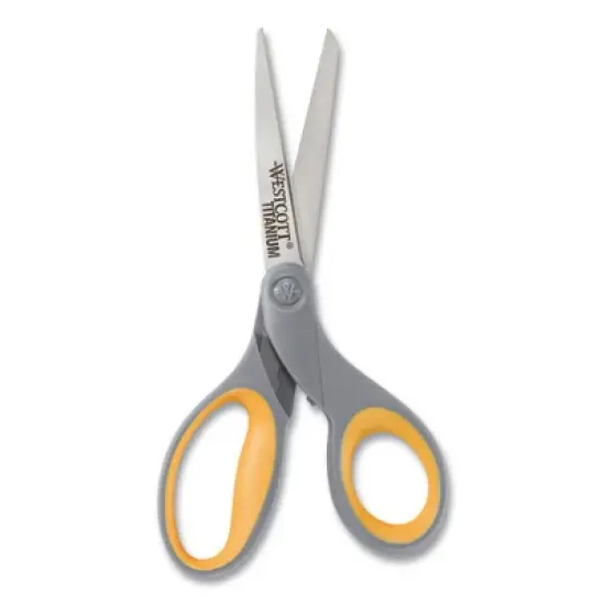 Westcott Titanium Bonded Scissors, 8" Long, 3.5" Cut Length, Gray/Yellow Straight Handle Model No 13529 image {1}