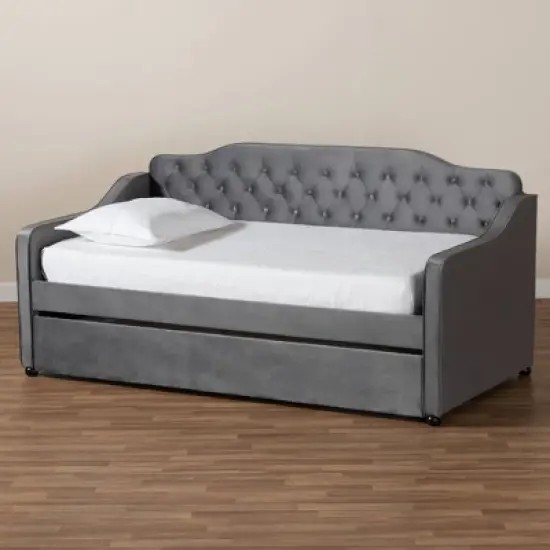 Freda Velvet Fabric Upholstered Button Tufted Daybed with Trundle - Baxton Studio image {9}