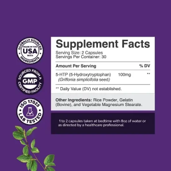 5 HTP Supplement 5-Hydroxytryptophan, Gentle Herbal Sleep & Mood Enhancer, Mood Supplement & Sleep Support Capsules, Nature's Craft, 60ct image {2}