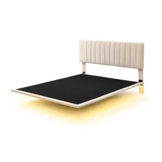Queen Size Upholstered Floating Velvet Platform Bed with Sensor Light and Headboard-ModernLuxe image {3}