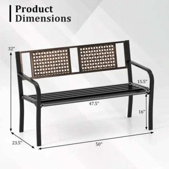 Costway 50" Outdoor Metal Park Bench with Rattan-Like Backrest & Curved Armrests image {2}