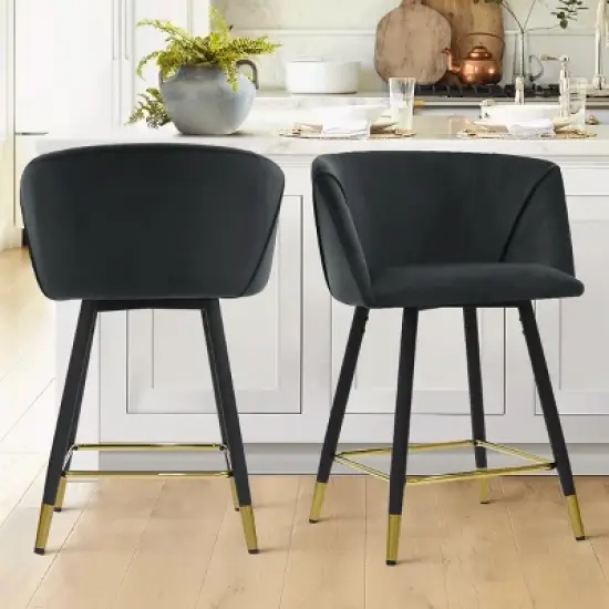 24" Chole Armrest Upholstered 360&deg; Swivel Counter Height stool Combine with Black and Gold Legs (Set Of 2)-The Pop Maison image {9}
