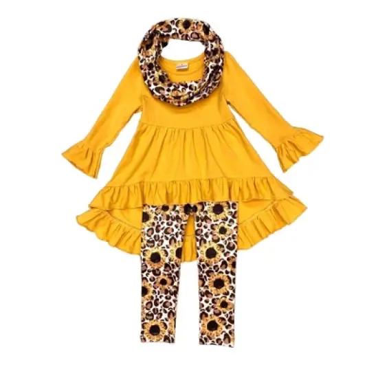 Girls Sunflower Leopard Print Tunic, Legging & Scarf Set - Mia Belle Girls image {1}