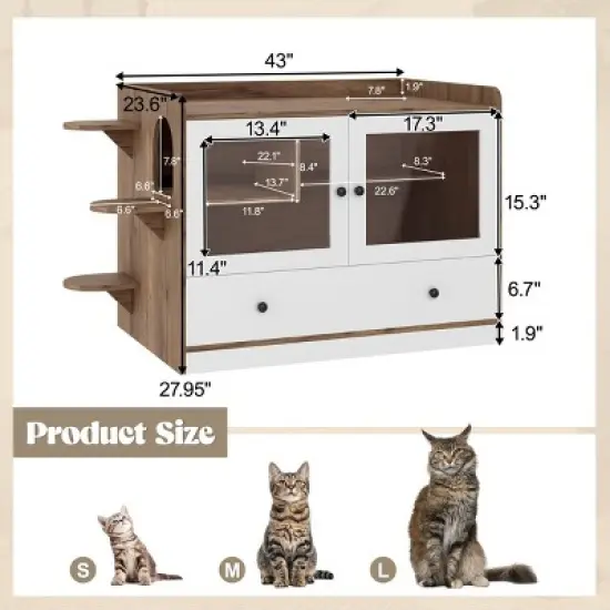 SEVOBAL Pet Crates and Houses Modern Glass Door Litter Cabinet Multi Function Pet Furniture Playful Design, Brown, 43"*23.6"*27.95" image {4}