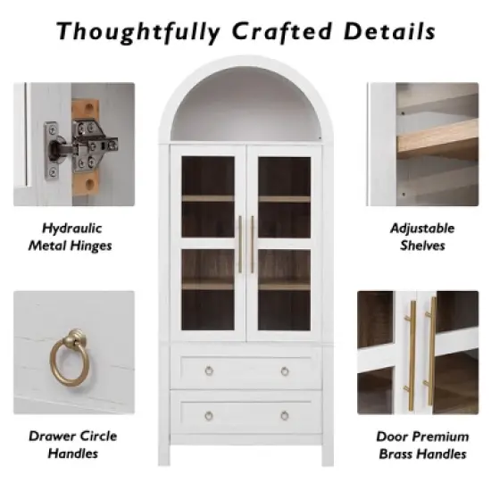 Gulches Modern Farmhouse Arched Kitchen Pantry Cabinet - 2 Large Drawers, Adjustable Shelves, Glass Door, Wood, White, 30"W x15.75"D x71"H image {8}