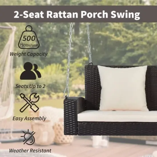 FIONECA 2-Person Wicker Hanging Porch Swing with Cushion & Pillow, Outdoor Rattan Swing Bench with Chains for Garden, Backyard, Pond (Brown/Beige) image {4}