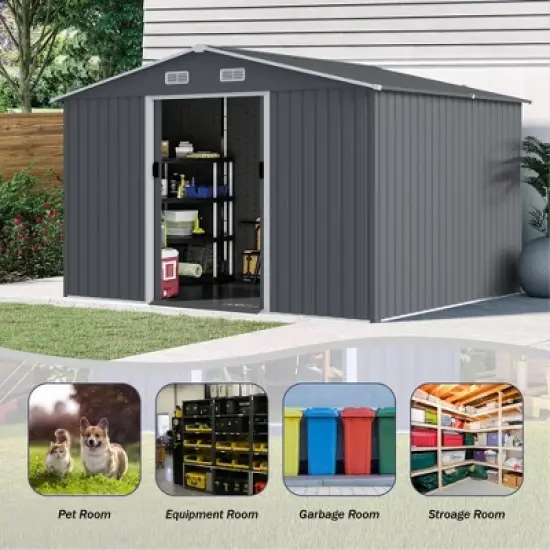 Outdoor Storage Shed 8 x 10 FT Tool Sheds, Heavy Duty Storage House with Sliding Doors with Air Vent for Backyard Patio Lawn to Store Bikes,Grey image {2}