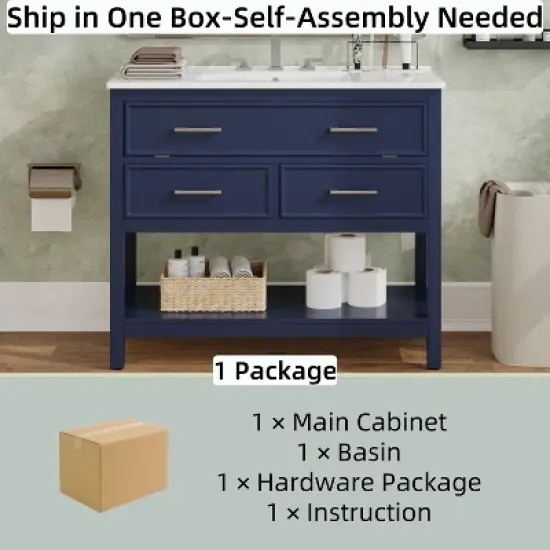 Christopher Knight Home Lowell Contemporary 36" Bathroom Vanity with Ceramic Sink, Tip-Out Tray, 2 Drawers and Open Shelf image {4}
