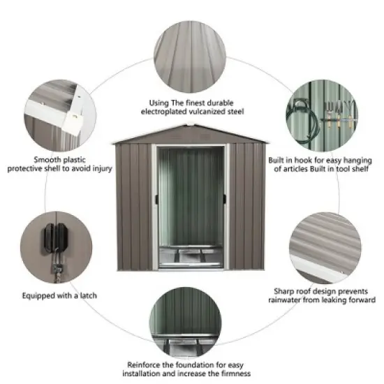 Outdoor Metal Storage Shed With Floor Frame Sun Protection Waterproof Storage House With Lockable Sliding Door,Sharp tip,gray,6ft*5ft image {5}