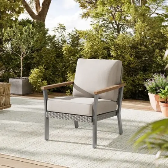 SONGMICS HOME Sencillo Collection - 4 Piece Patio Furniture Set, 2 Lounge Chairs, 1 Loveseat, 1 Coffee Table, Faux Wood, Gray and Beige image {3}