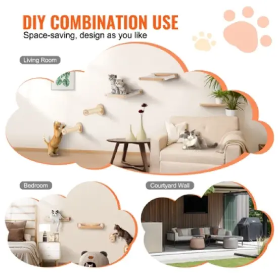 VEVOR Wall Mounted Cat Shelves, Cat Wall Shelves and Perches with Jumping Posts & Hammocks, Cat Furniture Set up to 40 lbs, Beige image {6}