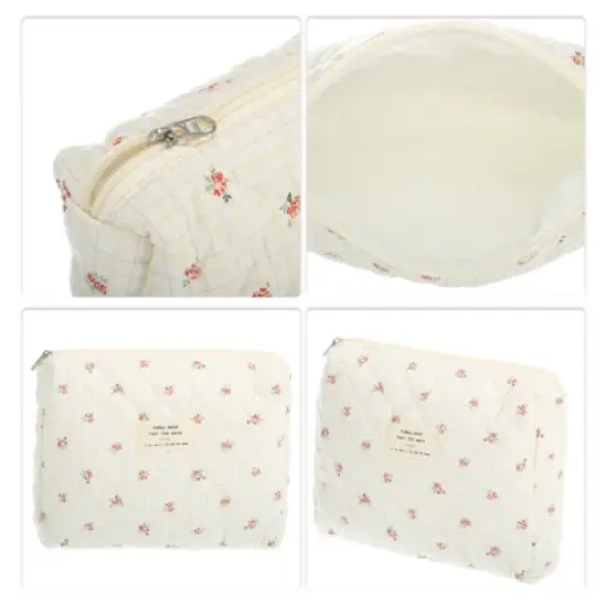 Unique Bargains Durable Medium Quilted Makeup Bag Beige Red 1 Pc image {2}