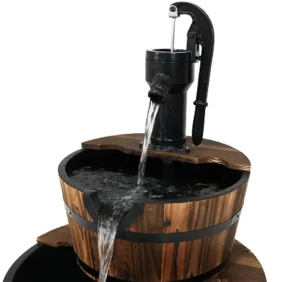 Sunnydaze 34"H Electric Fir Wood 2-Tier Farmhouse Barrel with Metal Decorative Hand Pump Outdoor Water Fountain image {2}