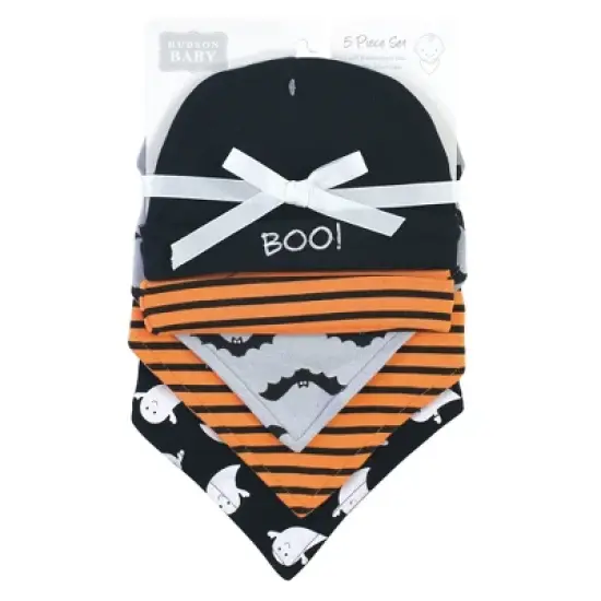 Hudson Baby Infant Boy Cotton Bib and Caps Set 5pk, Ghost, One Size image {1}