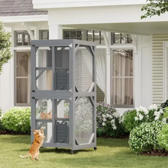 Outdoor Cat Enclosure - 4 Tiers on Wheels with Weatherproof Roof, Platforms, Resting Box, Scratch Post (68'' Window Catios) image {4}