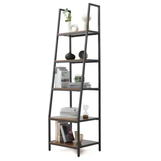 JOMEED CC80 Industrial Freestanding Durable 72 Inch 5 Tier Open Shelf Ladder Bookcase with Rubber Feet and Wall Bracket, Gray and Brown image {1}