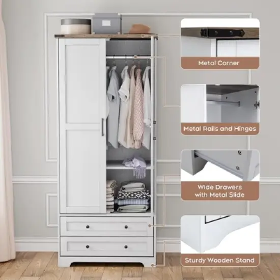 Brafabhome Farmhouse 4 Doors Armoire Wardrobe Closet, 71" Tall Freestanding Wardrobe Clothes Cabinet with Drawers and Hanging Rod for Bedroom image {2}