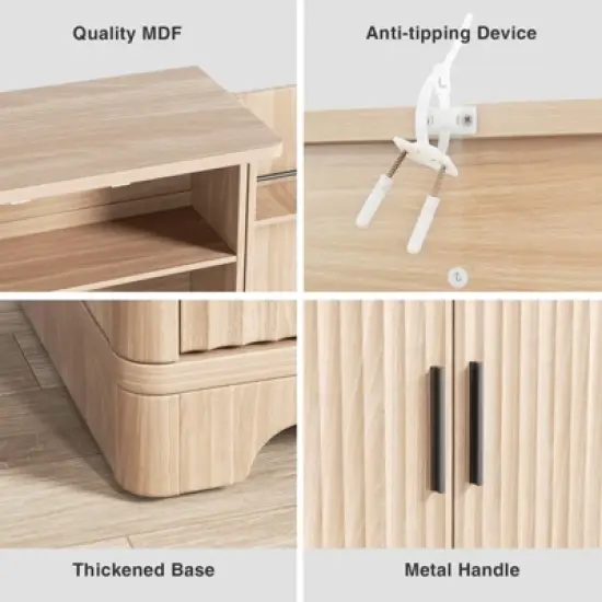 70.1" Tall Fluted Pantry Cabinet, Kitchen Storage Cupboard with Countertop for Microwave, Natural Wood image {6}