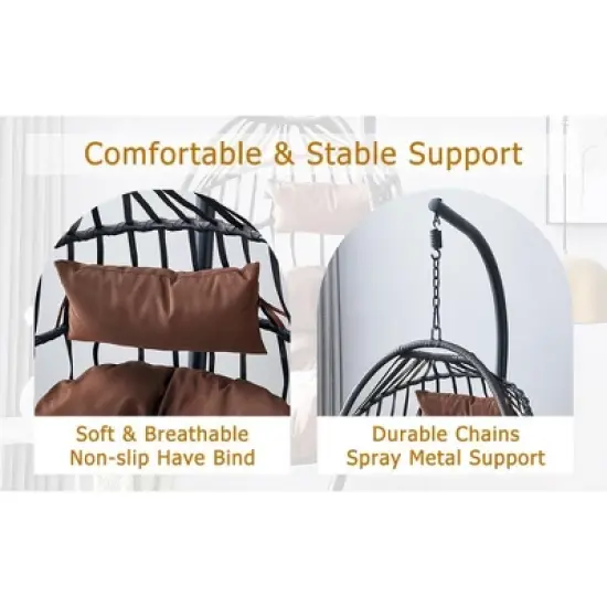 FIONECA Indoor/Outdoor Egg Swing Chair with Stand &uml;C Gray Wicker Hanging Hammock Chair with Rope Back, Cushion & Cover image {9}