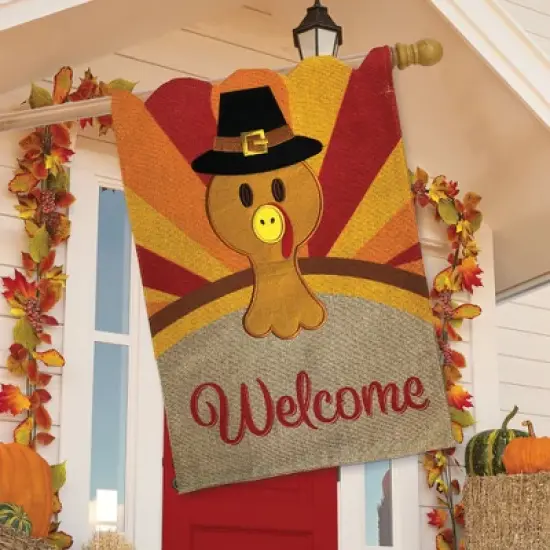 Turkey Thanksgiving Burlap House Flag Welcome Holiday 28" x 40" Briarwood Lane image {2}