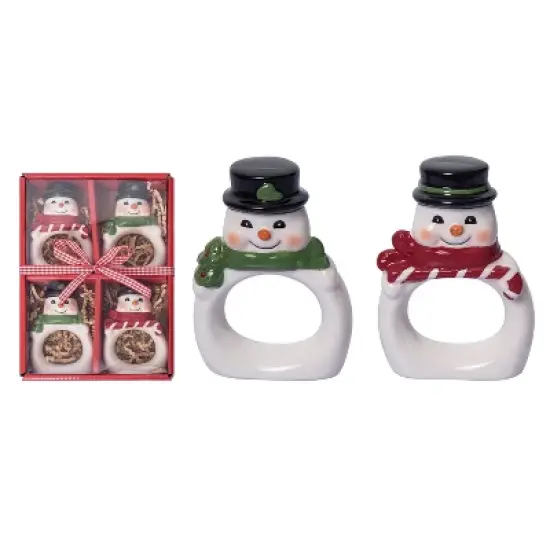 Transpac 8.25 in Holiday Vintage Snowman Napkin Rings Set of 4 Dolomite Kitchen Holders for Festive Dining image {2}