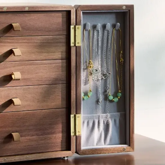 Luxury Wooden Jewelry Armoire Box with Dual Doors, Textured Handle, Ideal Organizer Gift for Women image {5}