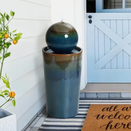 LuxenHome 30" Ceramic Outdoor Water Fountain, Glazed Blue Bubbling Sphere Garden Water Fountain Outdoor and Indoor image {4}