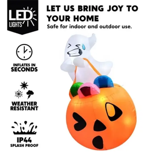 Joyfy 5 FT Halloween Inflatables Outdoor Decorations, Inflatable Cute Ghost Lift Pumpkin Candy Bag with LEDs for Halloween Yard Garden Lawn Decoration image {1}